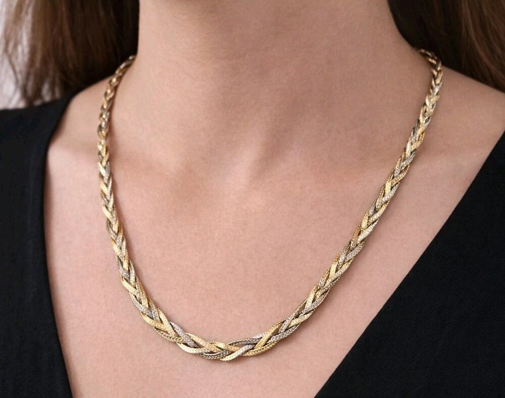 Vintage Mixed Metal Woven Chain Necklace 24” x 10mm Gold-tone Silver-tone sn-32